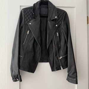 All Saints Black Leather Jacket with Quilted Shoulders